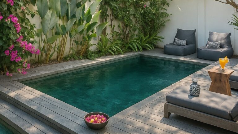 como decorar un patio con piscina